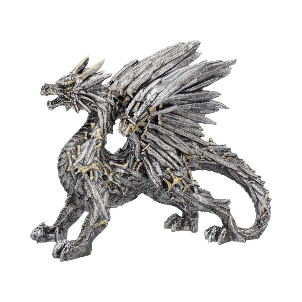 A metallic dragon figurine stands poised with open wings, intricately designed with sharp, angular features resembling scales and spikes, set against a plain white background.