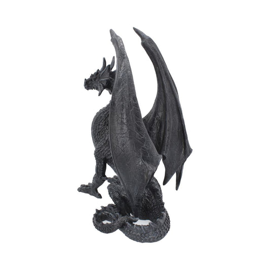 A black dragon figurine stands with large, textured wings extended, showing an intricate scale pattern. It is positioned on a plain white background, creating a striking contrast.