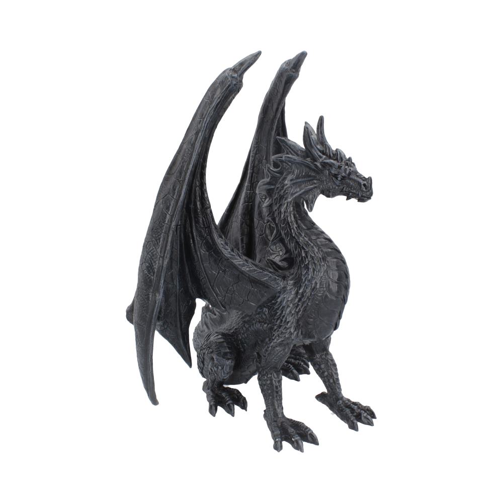 A detailed, gray dragon figurine sits with raised wings, showcasing intricate scales and ridges. The dragon appears poised and alert, against a plain, white background.