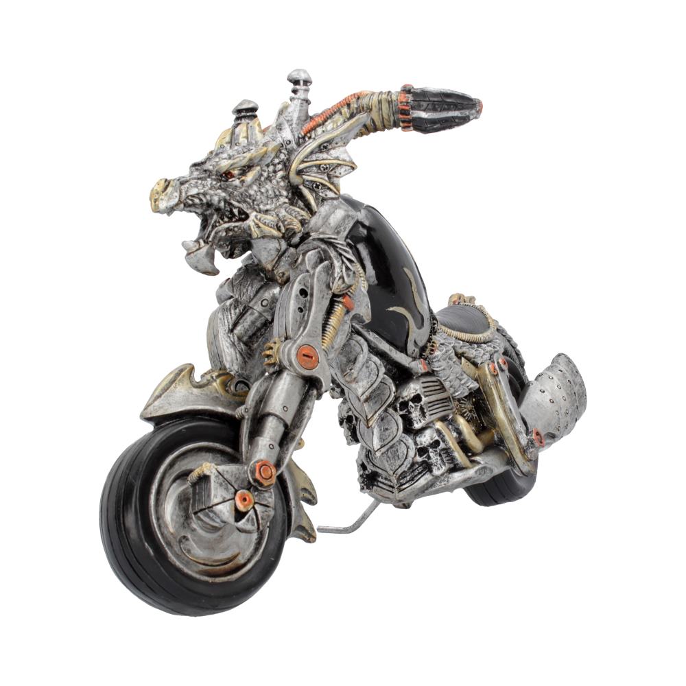 A dragon-themed motorcycle sculpture features intricate metallic designs and appears stationary. It showcases elaborate details such as scales and horns in a studio setting with a plain white background.