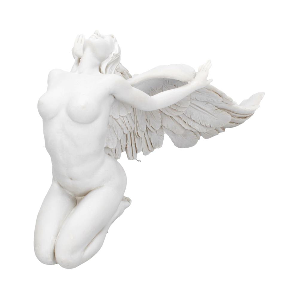A white sculpture depicts a winged female figure kneeling, with her head tilted back and arms raised, suggesting flight or reverence, against a plain background.