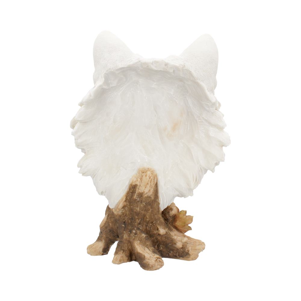 A white wolf head sculpture with detailed fur texture, supported by a tree trunk-like base, sits isolated against a plain background.