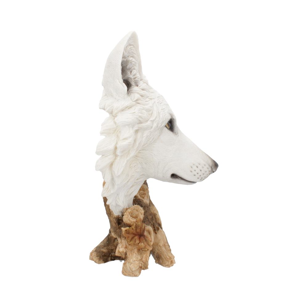 A detailed white wolf bust sculpture with pointy ears and a textured mane is mounted on a realistic, brown faux wood base. The background is plain white.