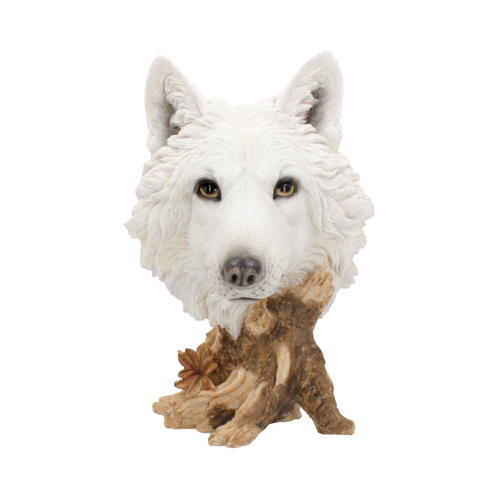 A detailed white wolf head sculpture rests atop a textured tree stump base, adorned with a small leaf, against a plain white background.