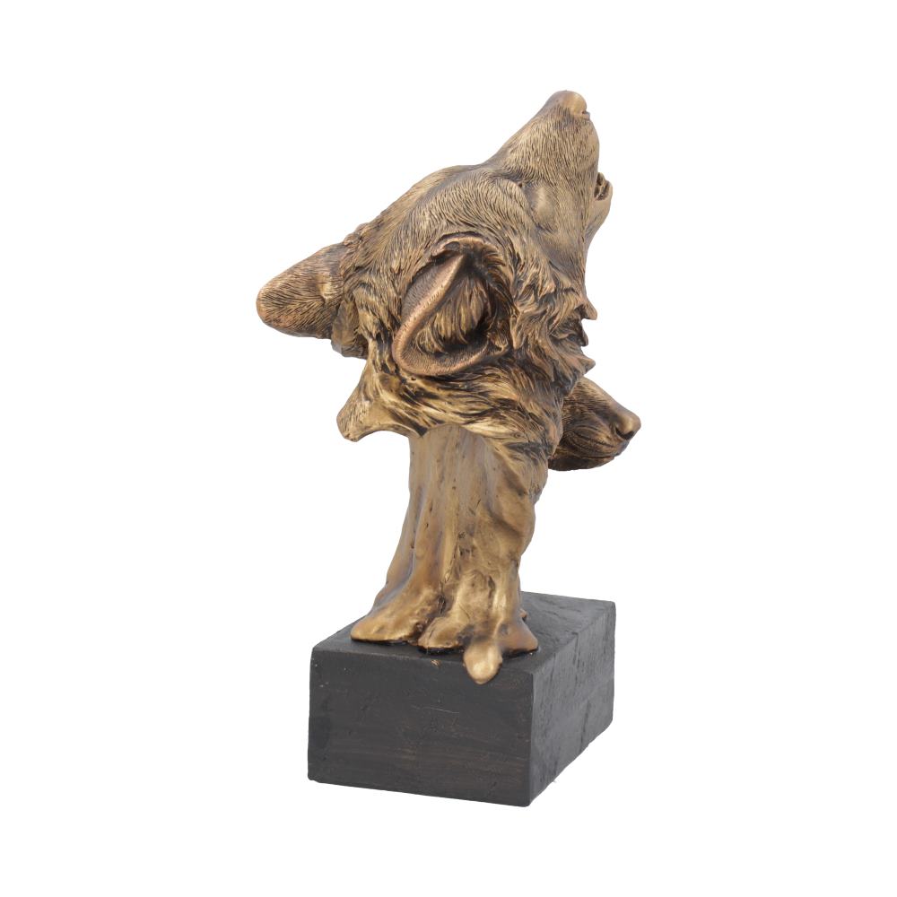 A bronze wolf head sculpture howling, perched on a black rectangular base, against a white background.
