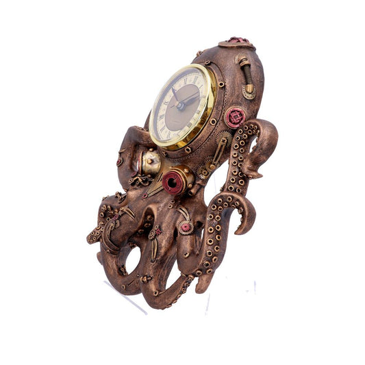 Bronze steampunk octopus sculpture wraps eight detailed tentacles studded with gears and rivets while cradling a round brass clock face; photographed against a plain white background.
