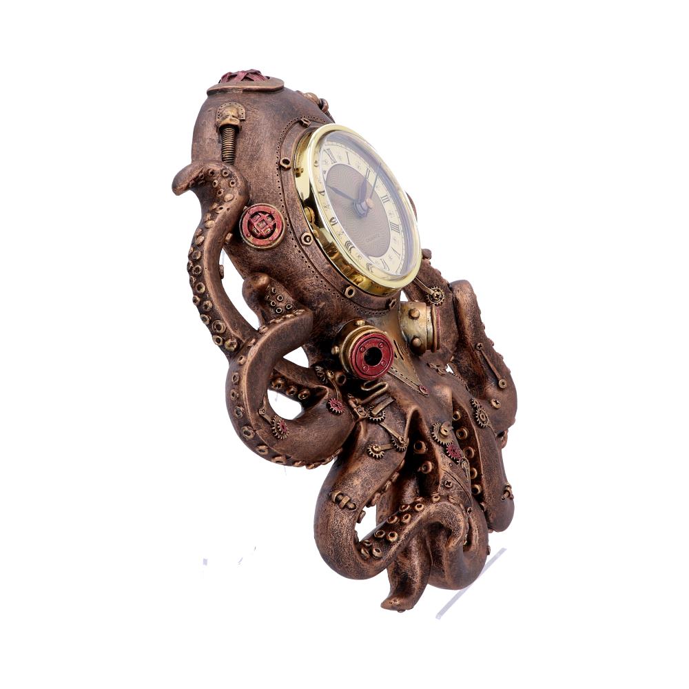 A steampunk-styled octopus clock has its tentacles wrapped around a diving helmet that houses a clockface; the piece is on a white backdrop.
