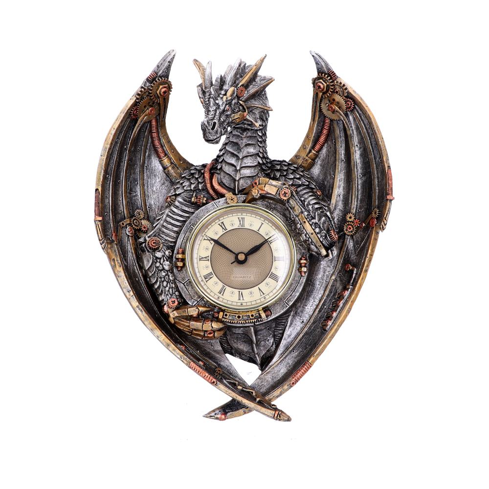 A steampunk dragon clock shows the time against a white background. The dragon has outstretched wings and exposed gears. The clock face reads "QUARTZ" at the bottom.