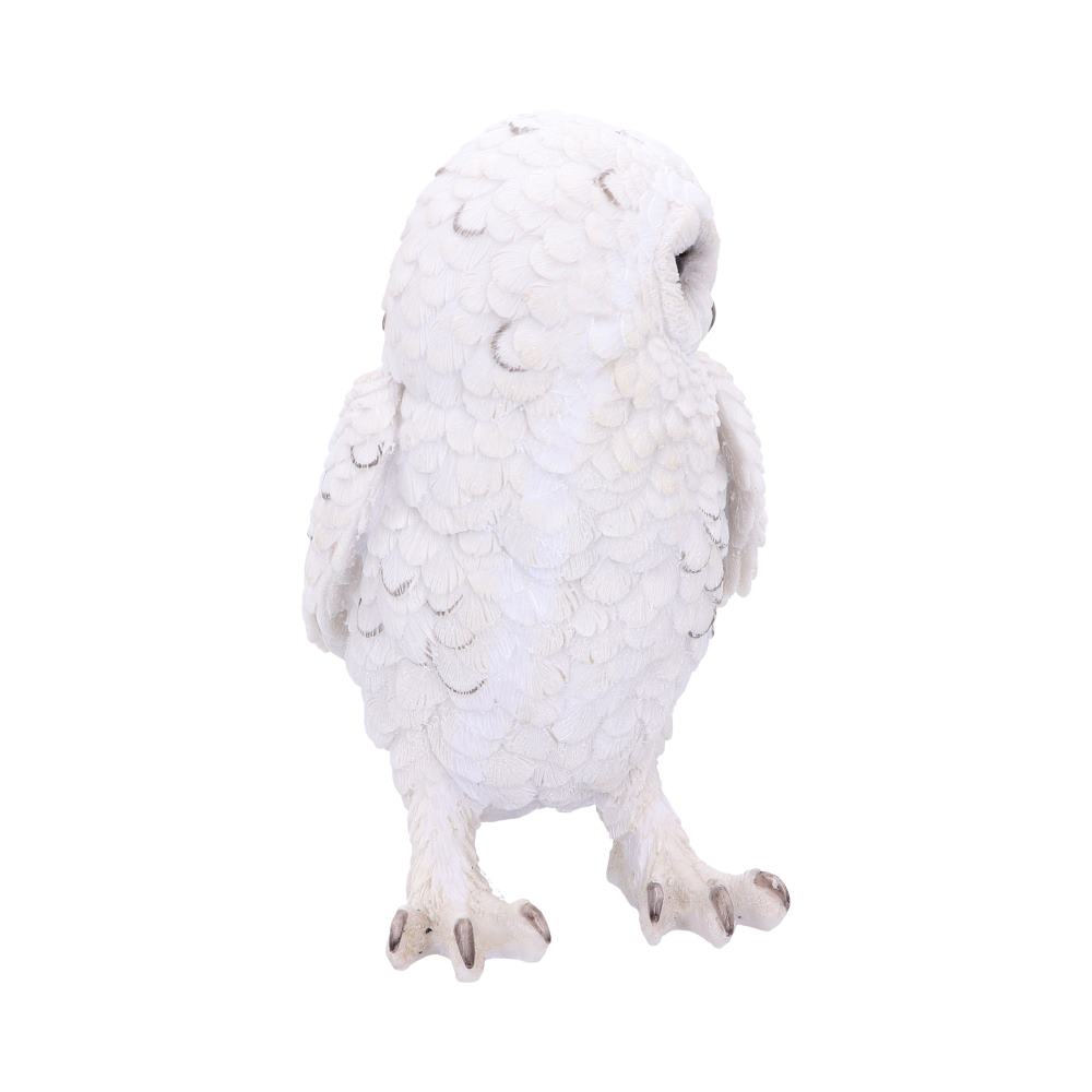 A white owl with detailed, textured feathers stands upright, facing away, against a plain, white background, showcasing its lifelike posture and intricate detailing.