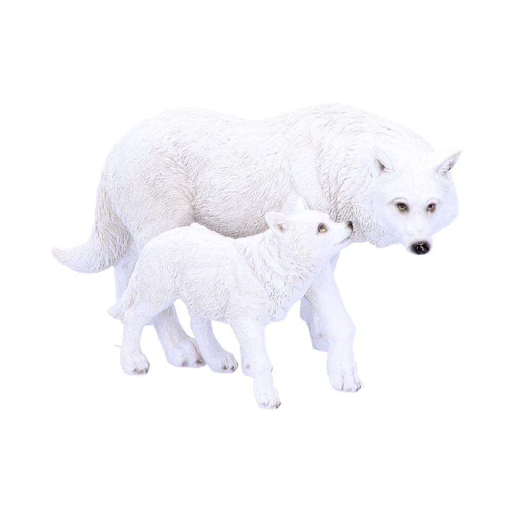 Two white wolf figurines stand closely together, with one smaller figure nuzzling the larger one's neck. The scene is set against a plain white background, emphasizing their features.
