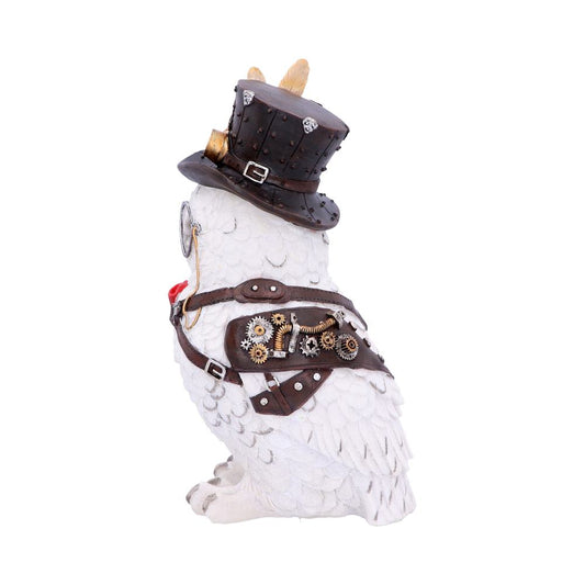 An owl statue wears a steampunk outfit, including a brown top hat and leather harness with gears, against a plain white background.
