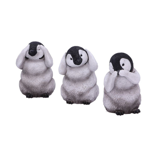Three penguin figurines depict "see no evil, hear no evil, speak no evil" poses, with each covering its eyes, ears, or mouth, against a plain white background.