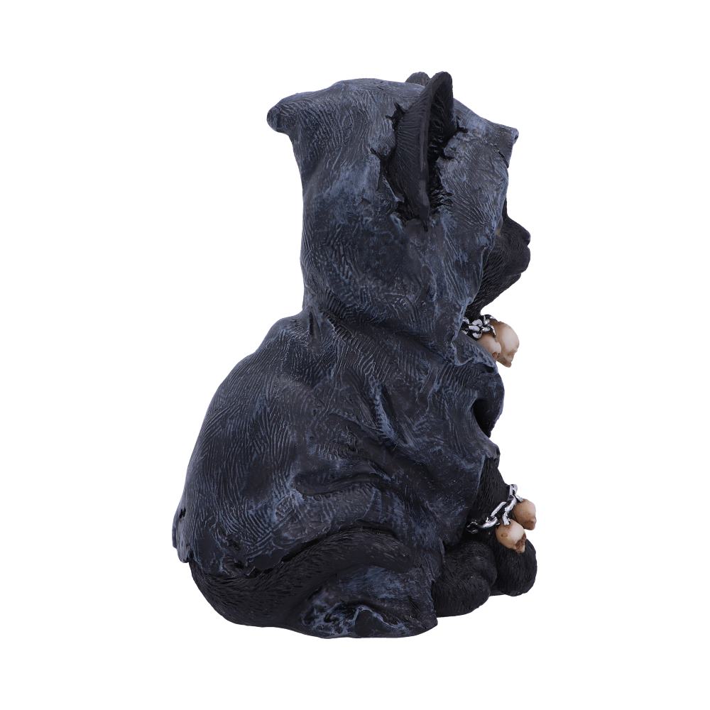 A black cat figurine wears a tattered hooded cloak with bone adornments, sitting on a plain white background, facing sideways, showcasing its detailed texture and eerie appearance.
