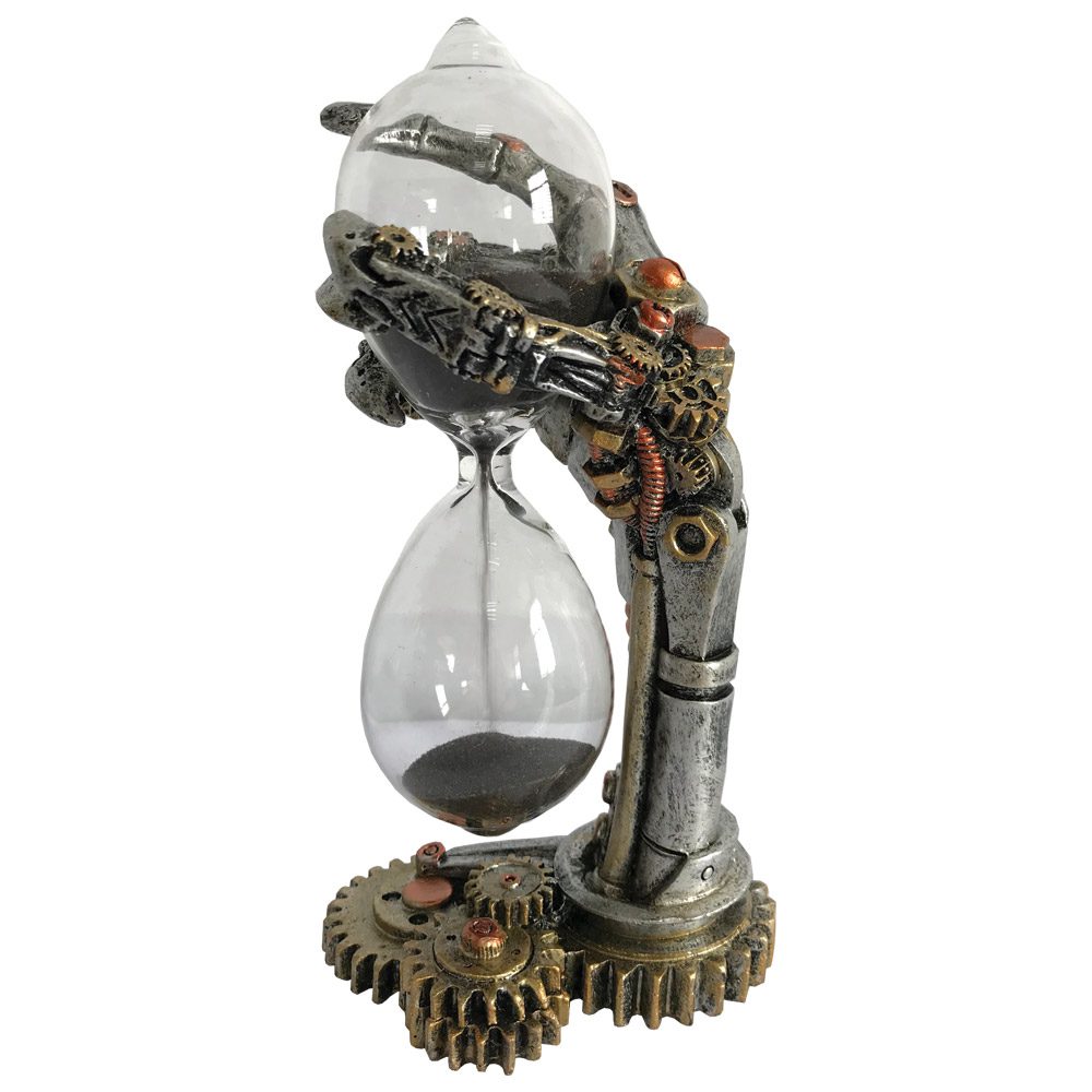A steampunk-style hourglass, held by a mechanical hand, sits on a base of gears. Dark sand flows within the glass.