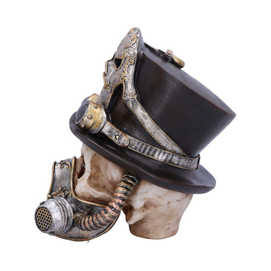 A skull wearing a steampunk-style top hat with gears and metallic accents, features a complex breathing apparatus attached to its mouth, against a plain white background.