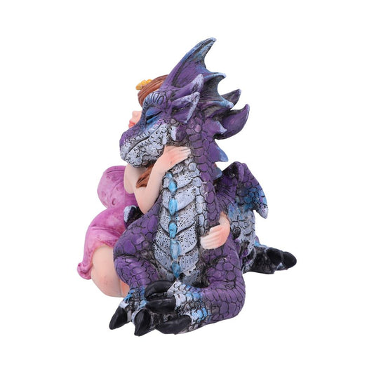 A purple dragon figurine is embraced by a fairy with pink wings, both seated closely together, highlighting a scene of affection on a plain white background.