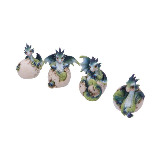Four small dragon figurines emerge from cracked eggs, each in different stages of hatching, with blue and green features, set against a plain white background.