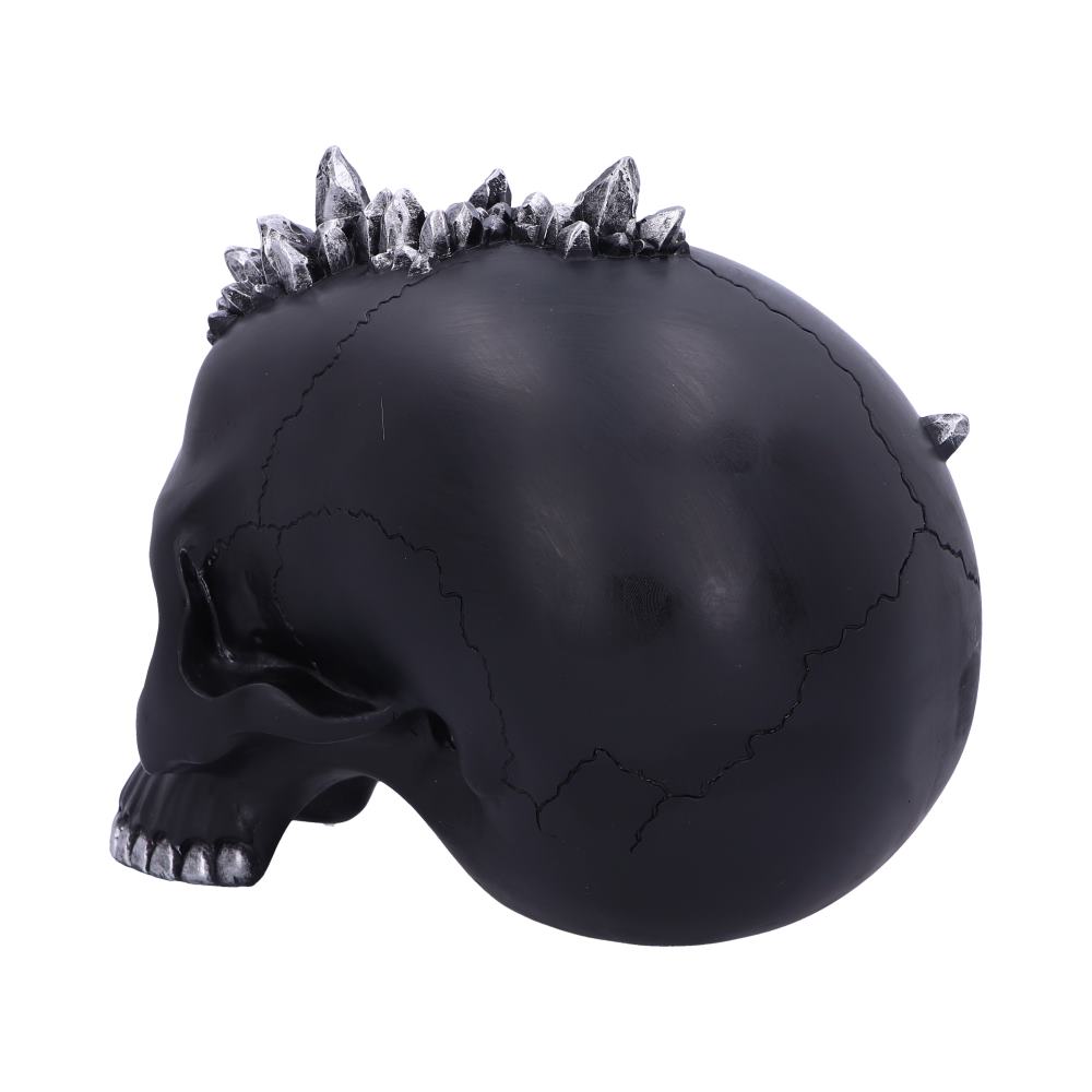 A black skull has silver spikes along the top, with visible cracks, against a plain white background.