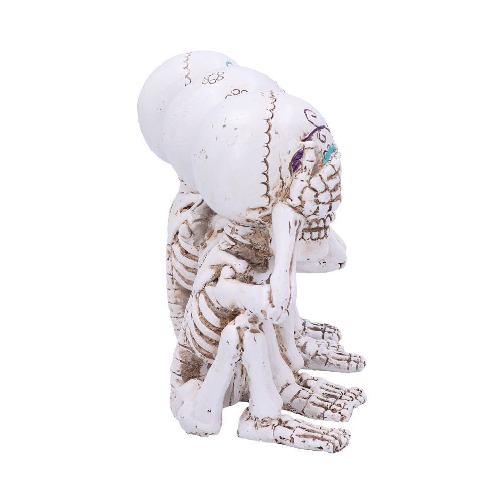 Three small skeleton statues are sitting in a row, each covering their respective eyes, ears, and mouth in a "see no evil, hear no evil, speak no evil" pose. White background.