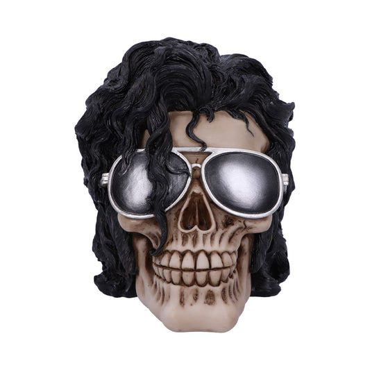 A skull with curly black hair wears reflective sunglasses against a plain white backdrop. The skull's detailed features include a prominent grin, adding a playful, edgy aesthetic.