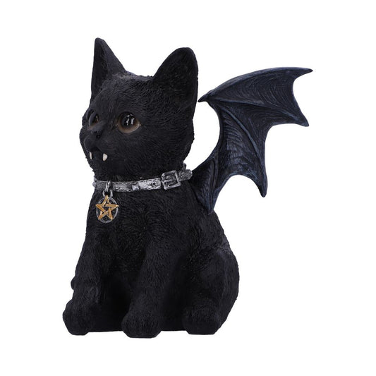 A black cat statue with bat wings sits wearing a silver collar featuring a pentagram charm. It has large eyes, pointed ears, and fangs, against a plain white background.