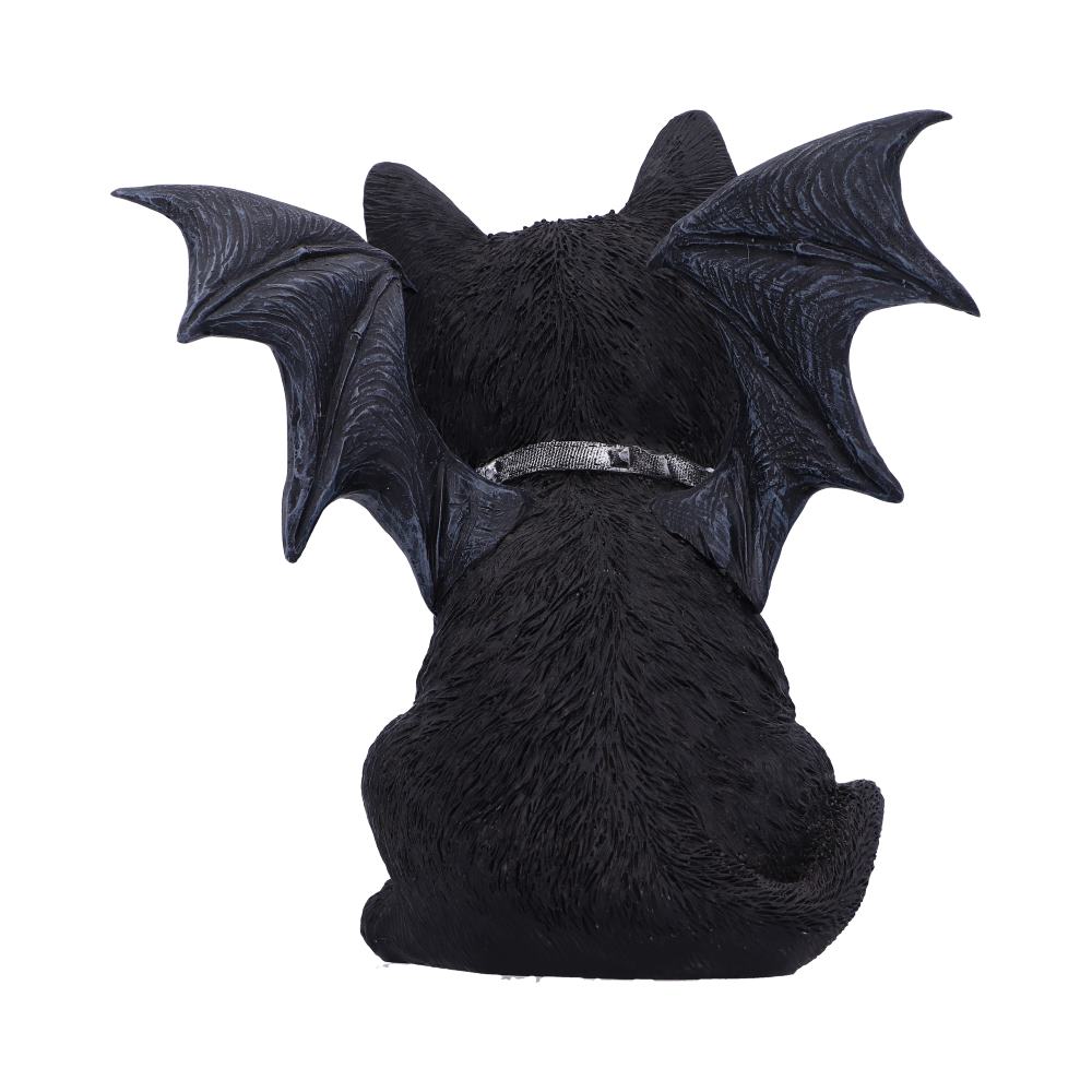 A black cat figurine with bat-like wings sits facing away, wearing a silver collar, set against a plain, white background.