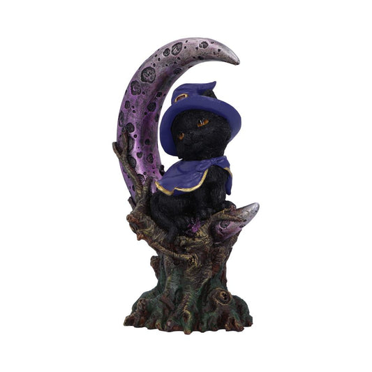 A black cat wearing a purple wizard hat and cape sits on a gnarled, crescent-shaped moon with a textured surface. The moon is perched on a twisted tree trunk.