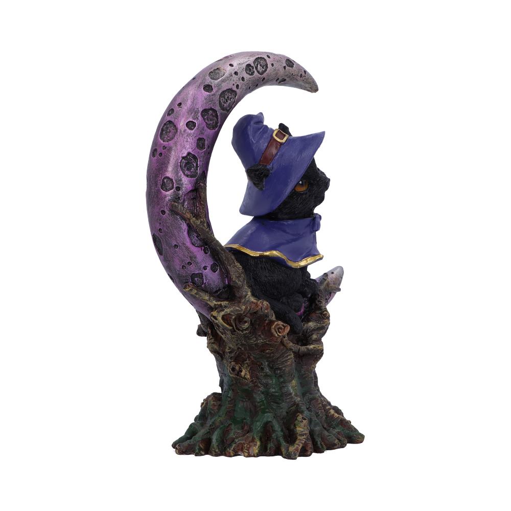 A black cat wearing a purple wizard hat and cloak sits on a twisting tree branch shaped like a crescent moon, adorned with purple and black patterns.