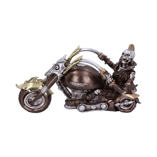 A skeleton figurine rides a stylized, skull-themed motorcycle. The bike features a metallic design with gold accents, sitting against a plain, white background.