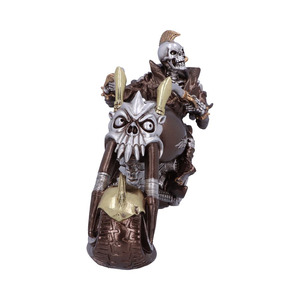 Skeleton figure rides a stylized brown and silver motorcycle with a skull design, front-facing, isolated on a white background.