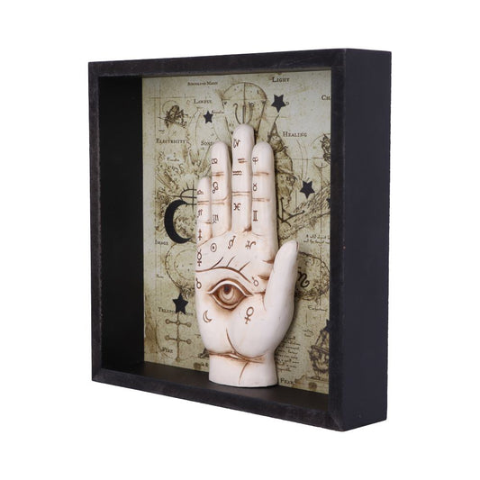 A decorative, sculpted hand with an eye on the palm stands in a black-framed shadow box. The background is a vintage-style map with text that includes: "SCHOOLS OF MAGIC," "LIGHT," "HEALING," and "FIRE."