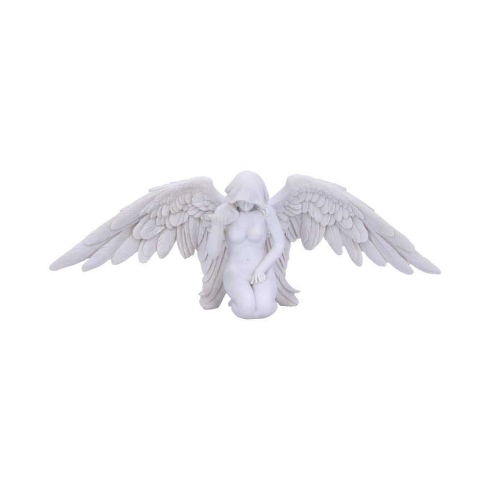 A white sculpture depicts a hooded, winged figure kneeling with large, detailed wings extended outward, set against a plain background.