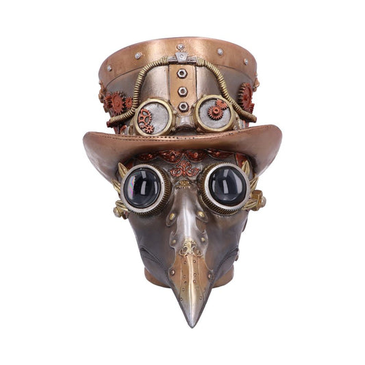 Steampunk mask with large, round goggles and a beak-like nose, wearing a decorated top hat with gears and tubes, set against a plain white background.
