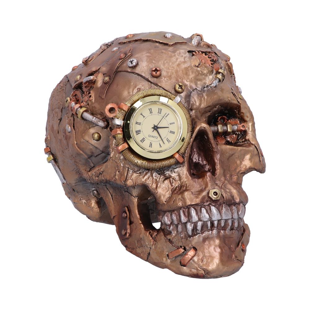 A metallic skull adorned with gears and screws, features a clock face embedded in its left eye socket, displaying Roman numerals. Set against a plain background.