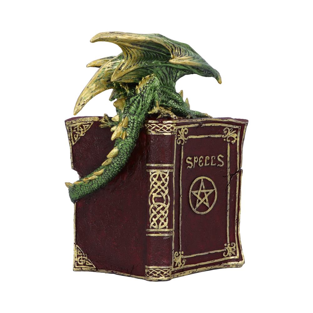 A green dragon figurine perches on a large, ornate, red "SPELLS" book featuring a pentagram symbol, set against a plain white background.