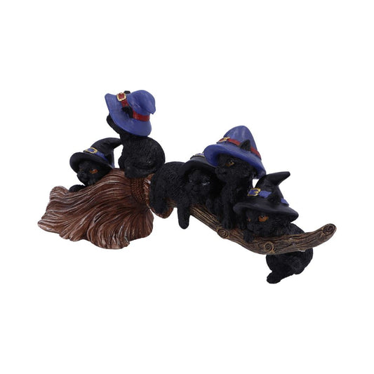 Black cats wear blue witch hats while sitting on a broomstick. They are arranged in a playful line, suggesting a whimsical Halloween theme in a mythical setting.