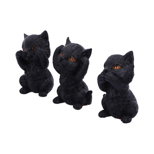 Three black cat figurines sit with paws over eyes, ears, and mouth, respectively, symbolizing "see no evil, hear no evil, speak no evil," against a plain white background.