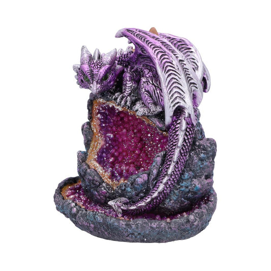 A purple dragon figurine perches atop a simulated amethyst geode, acting as an incense burner.  The piece is isolated on a white background.