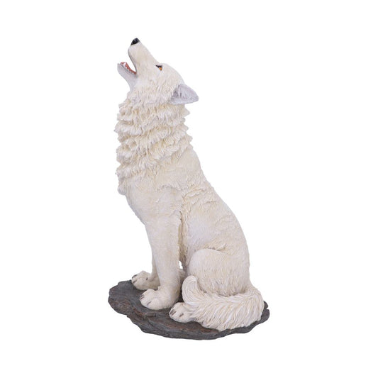 A white wolf figurine is sitting with its head tilted back, howling. The wolf features detailed fur and sits on a textured stone base against a plain white background.