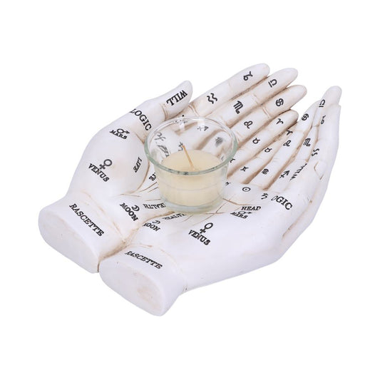 A pair of white ceramic palmistry hands cradles a small glass candle cup on a white background, Text: RASCETTE, VENUS, MOON, HEALTH, HEAD MARS, LOGIC, WILL