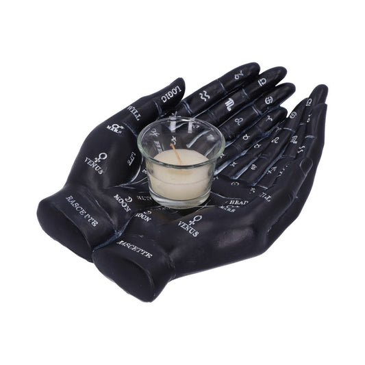 Black palmistry hands hold a small glass tealight candle on a white background, Text: LOGIC, WILL, VENUS ♀, MARS ♂, MOON, LASCETTE, HEAD, HEART