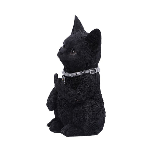 A black cat figurine sits upright, wearing a silver collar, raising one paw in a gesture. The background is plain white, emphasizing the detailed fur texture.