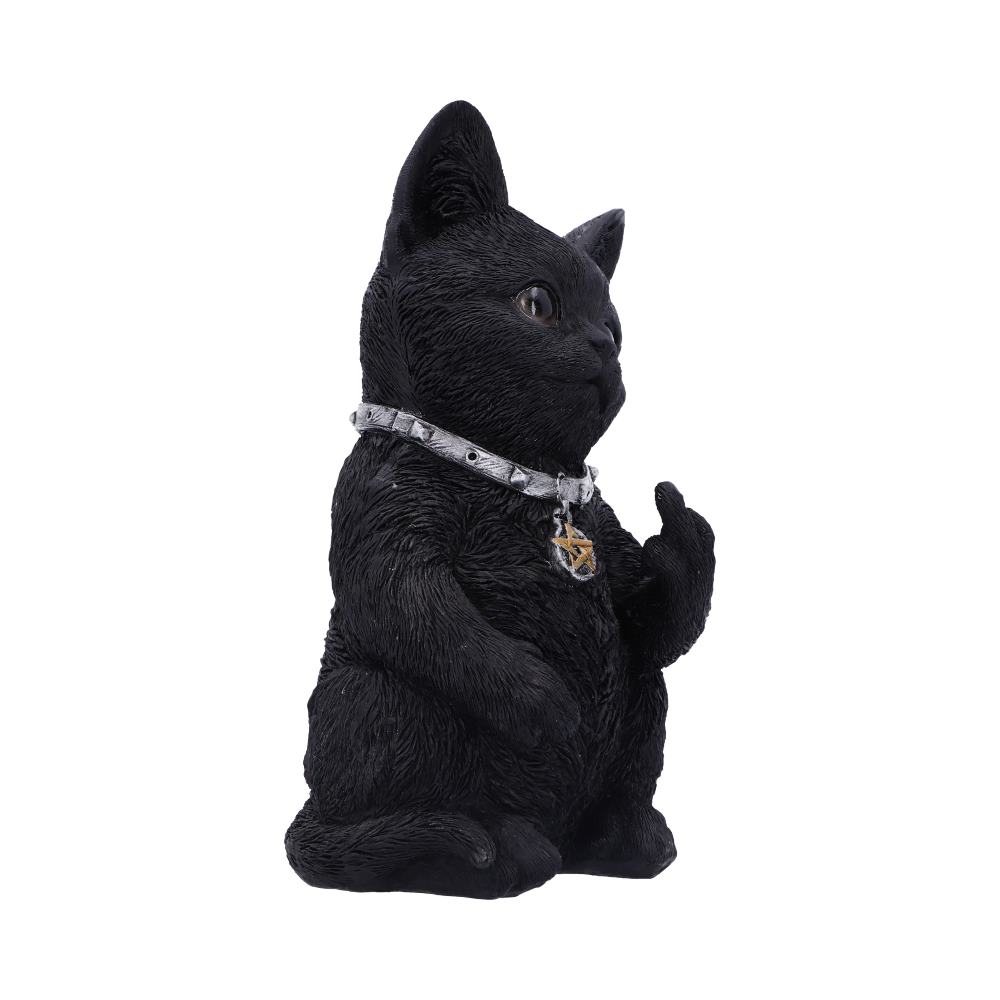A black cat figurine sitting with one paw raised, wearing a silver collar and pentagram pendant, with a cheeky expression; isolated on a white background.