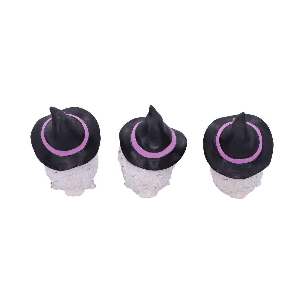 Three white, textured owl figurines wear black witch hats with pink bands, positioned side by side on a plain white background.