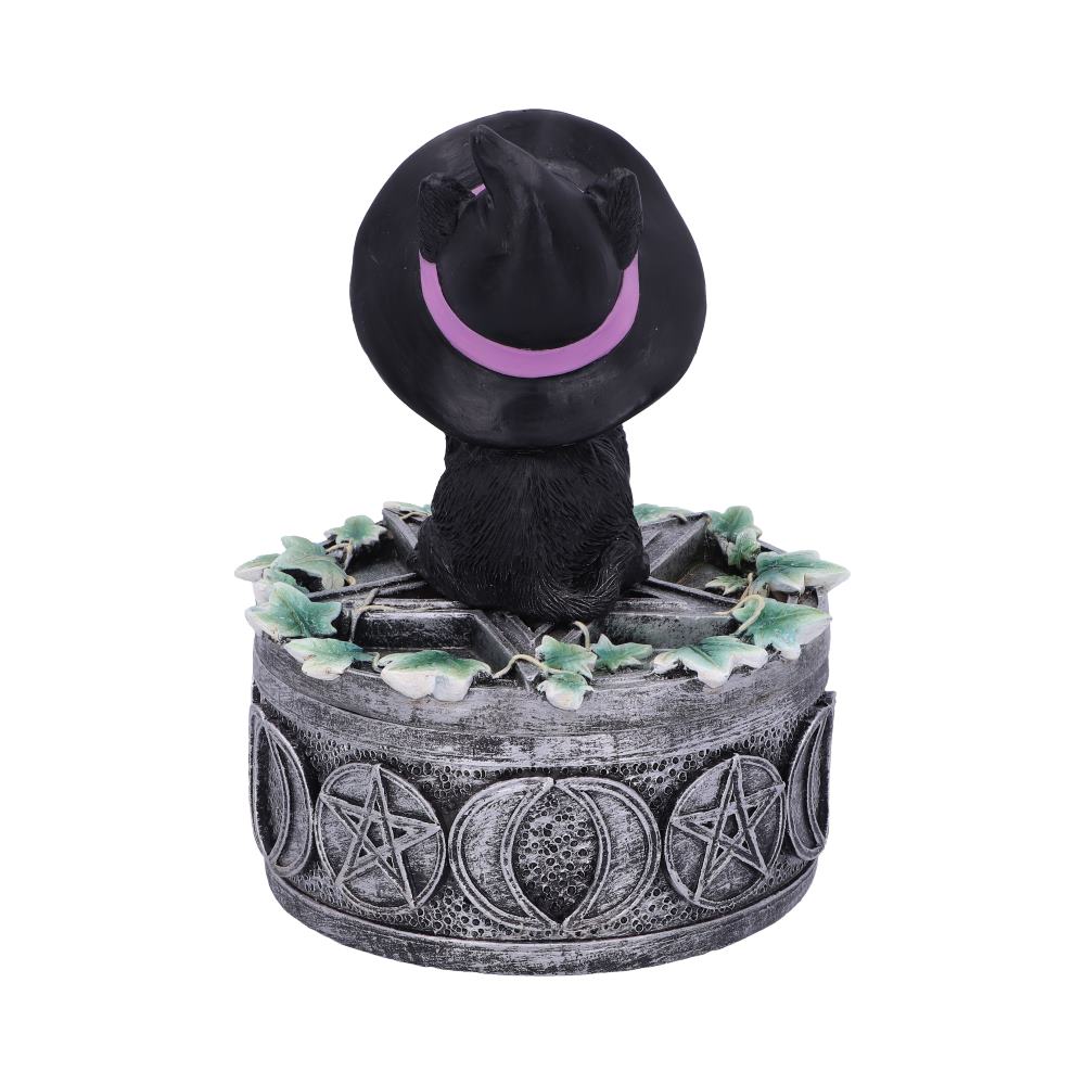 Black cat figurine sits atop a circular pedestal adorned with ivy leaves and pentagrams. The cat wears a pointed hat with a purple band.