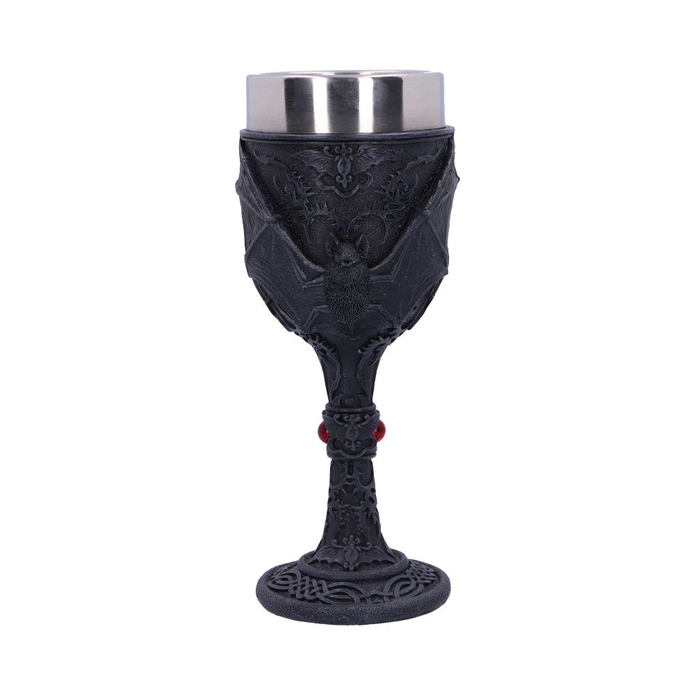A black ornamental chalice carved with a bat and Gothic patterns contains a removable stainless steel liner; it stands upright on a plain white background as a decorative drinking vessel.