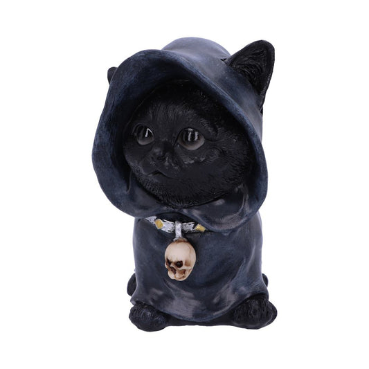 A black cat figurine, wearing a dark hooded cloak and a skull pendant, stands against a plain white background.