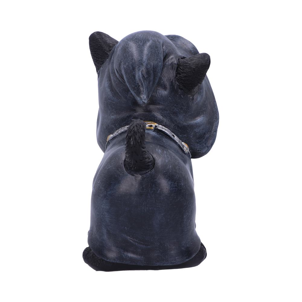 A black, dog-like sculpture faces away, displaying its short tail and ears, with a textured surface and a collar around its neck, placed on a white, featureless background.