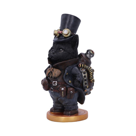A steampunk-themed black cat figurine stands on a round base, wearing a top hat with goggles and a backpack with intricate mechanical details, against a plain background.