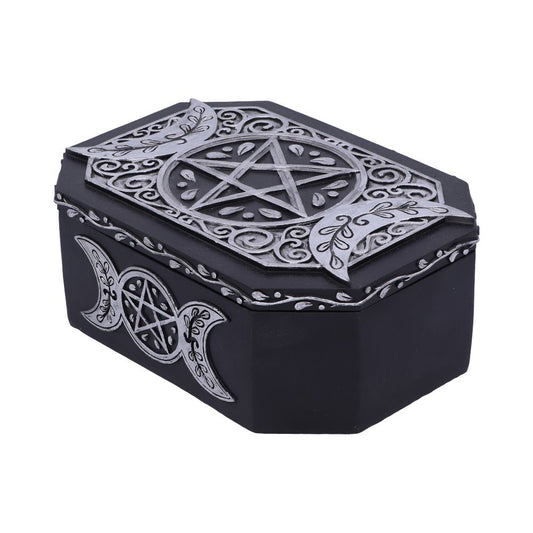 Black rectangular box adorned with intricate silver pentagram and crescent moon designs; resting isolated against a plain white background.